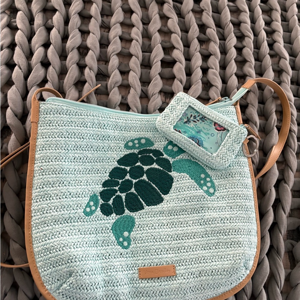 Vera Bradley Green and Tan Crossbody Bag with Leather Trim